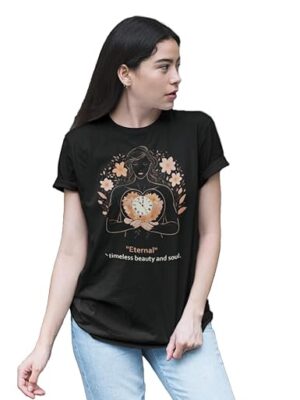 Women's Eternal Beauty Graphic T-Shirt, Black, Floral Clock Design with Inspirational Quote