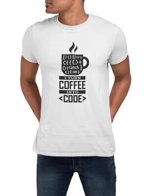 Programmer Coffee Code T-Shirt, White Cotton, I Turn Coffee Into Code Design