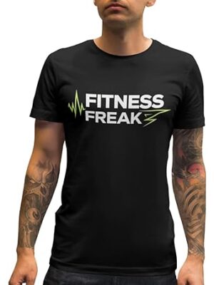 Fitness Freak Gym T-Shirt, Black Cotton, Heartbeat Design, Motivational Workout Wear