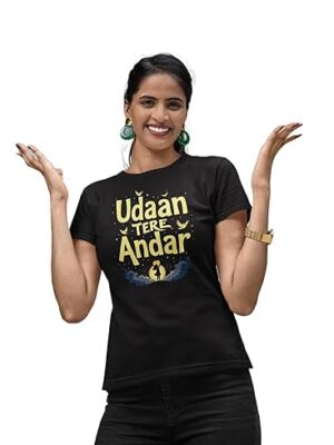 Udaan Tere Andar Women's Cotton T-Shirt, Inspirational Hindi Quote Design, Black Motivational Hindi T-Shirt for Women