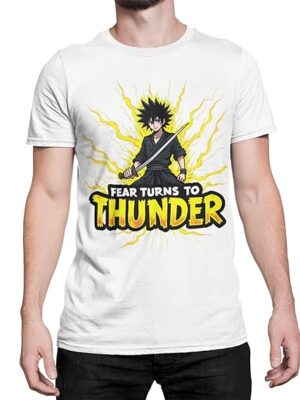 Fear Turns to Thunder Anime Warrior T-Shirt, Black Cotton, Japanese Manga Style Graphic Design