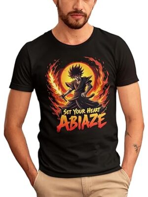 Anime-Inspired Flame Samurai T-Shirt – Japanese Manga Fire Warrior Graphic Tee – Bold Black Streetwear for Men