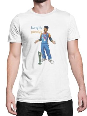 Hardik Pandya Kung Fu Pandya Cricket Fan White Peanut Cotton T-Shirt, Sports Graphic Print