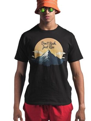 Don't Rush Just Rise Motivational T-Shirt, Black, Mountain Design with Sunset