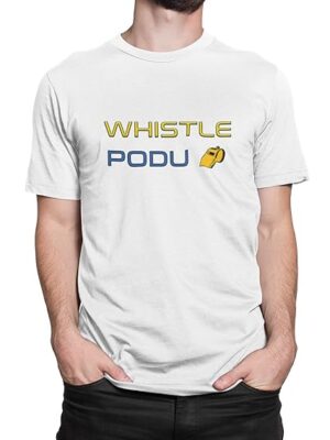 CSK Whistle Podu White Peanut Cotton T-Shirt with Yellow and Blue Text Design