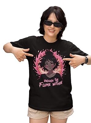Anime Girl Flame Aura T-Shirt – “Unleash The Flame Within” Graphic Tee – Japanese Manga-Inspired Streetwear for Women