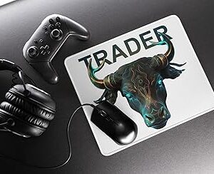 Stock Market Trader Bull Mouse Pad, Artistic Design with Turquoise Accents, White